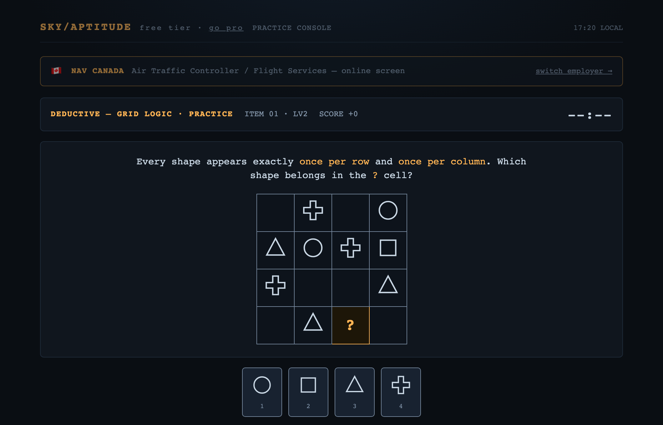 The SkyAptitude trainer showing a grid-logic practice item with four symbol answer options