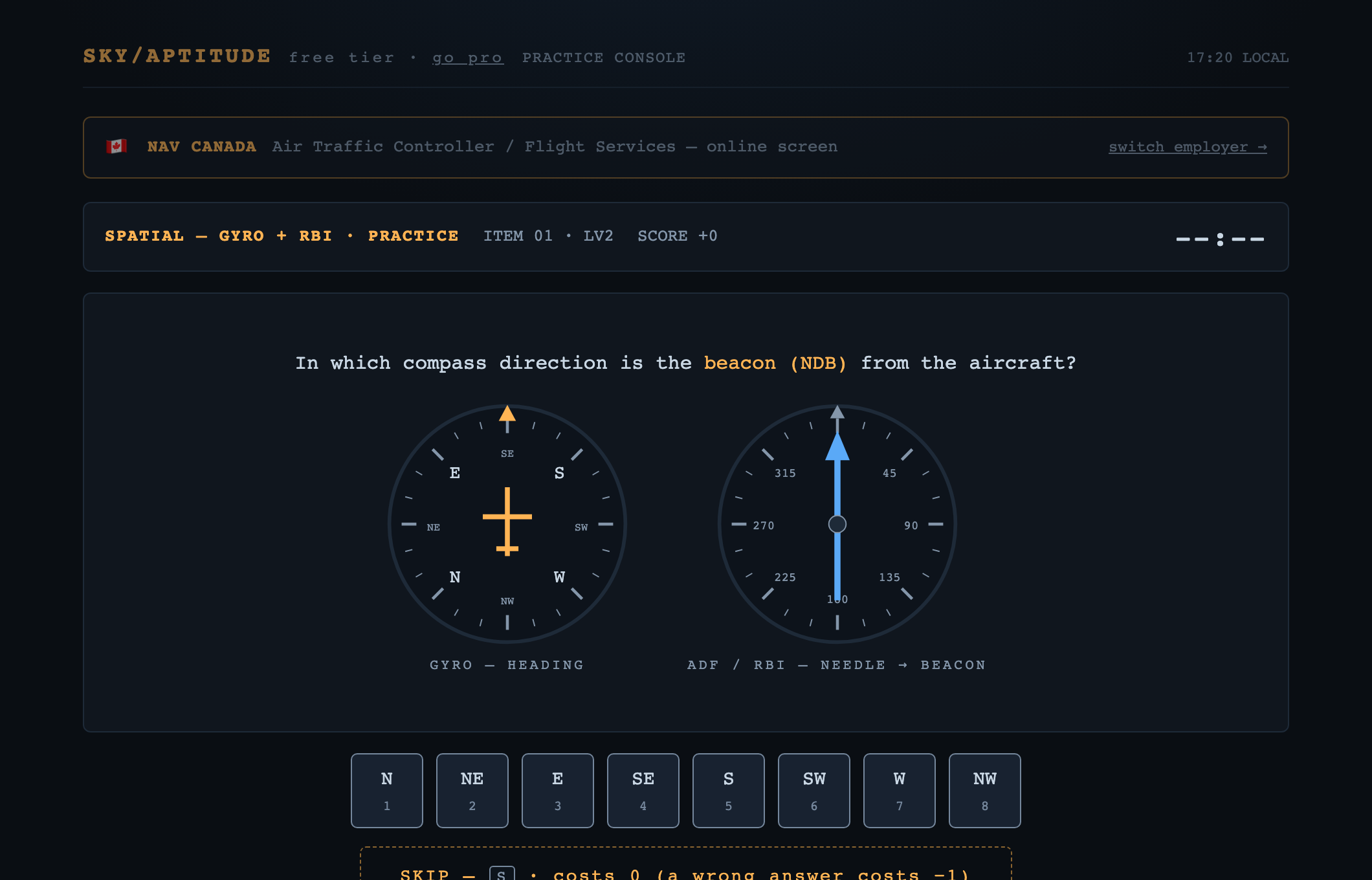 Spatial orientation practice screen showing a gyro compass and an ADF/RBI relative-bearing dial with eight compass-direction answer buttons
