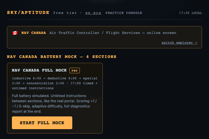 Animated recording of the SkyAptitude trainer: a grid-logic practice item is answered, the full deduction-chain explanation appears, then the next item is generated and skipped